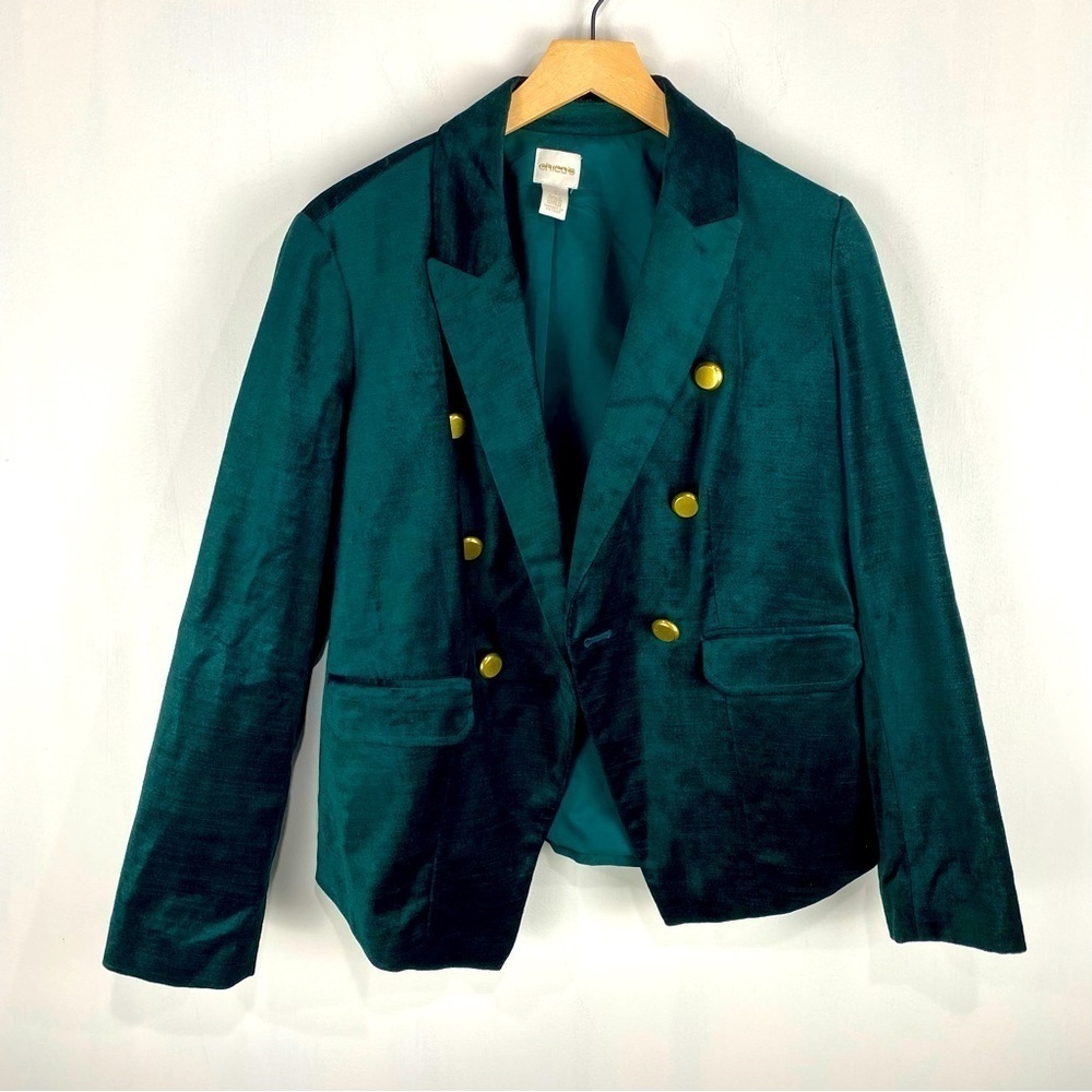 Chico's Velvet Button Up Down Blazer Jacket Holiday Emerald Green Size 1 Medium